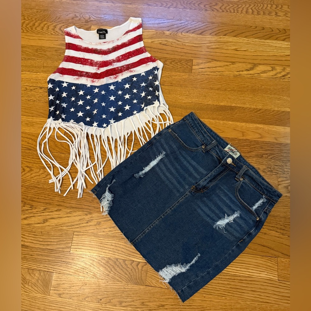 Forever 21 Stars and Stripes Fringe Top and Denim Skirt Set